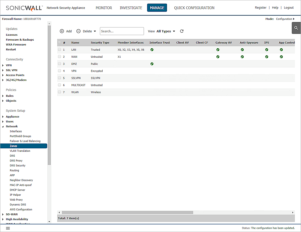 Screen shot of the SonicWALL zone settings